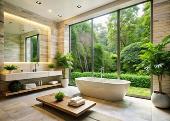Fototapeta premium Elegant spa corner in modern bathroom features sleek limestone walls, floor-to-ceiling windows, freestanding tub, and plush Sheridan-style bench surrounded by lush greenery.