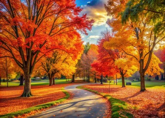 Vibrant orange, yellow, and red leaves blanket the serene landscape of a large park, surrounded by rustic trees and winding paths on a crisp autumn day.