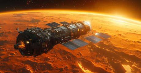 A satellite or space station orbiting Mars. In the foreground are detailed elements of the station: solar panels and science modules, and below is the bright red surface of the planet