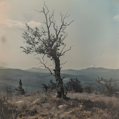landscape with tree in autumn poster, sepia filter photography