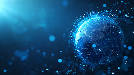 A digital Earth surrounded by glowing network connections, global connectivity and technology in a blue space background.