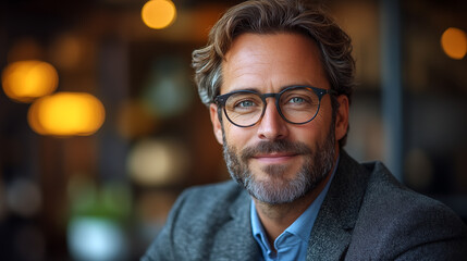 Obraz premium Portrait of handsome mature man with eyeglasses in coffee shop