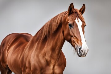 Obraz premium A majestic chestnut horse with a white blaze on its face standing on a white background, Ai Generated