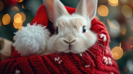 New Year poster with a bunny sitting in a red hat. Funny bunny in a Santa Claus hat. Merry Christmas poster with a rabbit in a red Santa Claus hat. Christmas and New Year photo, poster, print.