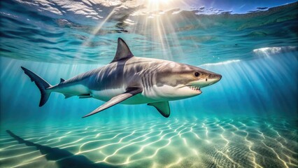 Fototapeta premium Powerful great white shark swims through crystal-clear turquoise water, its sleek grey body and sharp fins slicing effortlessly through the sun-drenched ocean surface.