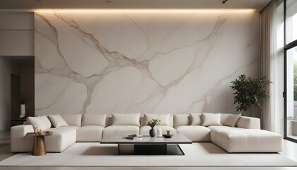 A modern and minimalist living room with a large marble wall, a low coffee table, and two beige sofas.