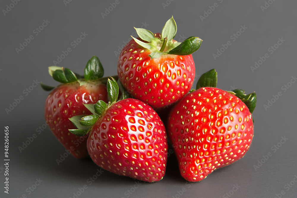 Wall mural a cluster of fresh, ripe strawberries on a gray background.