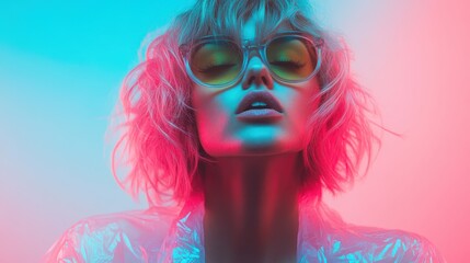A stylish woman with short, wavy blonde hair stands immersed in a striking combination of pink and blue neon lighting, exuding a futuristic and vibrant atmosphere.