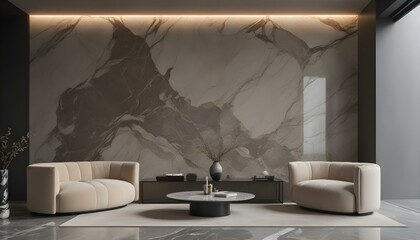 A modern and minimalist living room with a large marble wall, a low coffee table, and two beige sofas.