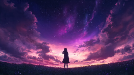 Obraz premium A woman stands alone in a purple sky