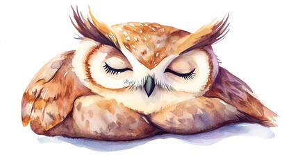 Naklejka premium cute owl sleeping water color illustration. ai generative.