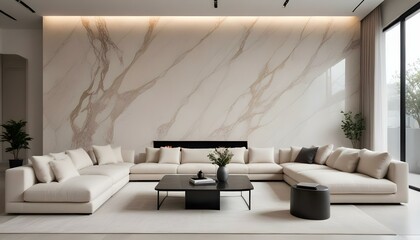 A modern and minimalist living room with a large marble wall, a low coffee table, and two beige sofas.