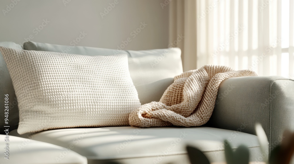 Poster a white couch with a textured, beige blanket rests under the gentle glow of soft filtered light, cre