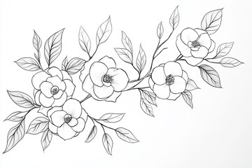 Hand-drawn black and white illustration of delicate blooming magnolia flowers with leaves on a branch.