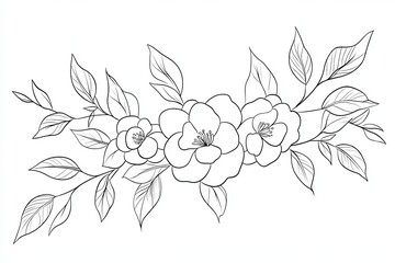 A hand-drawn line art illustration of a floral branch with three blossoms and leaves.