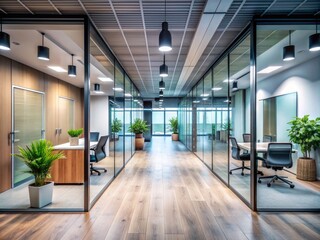 Spacious modern office features a sleek, well-lit corridor with blurred background rooms, ideal for corporate presentations, wallpapers, and backdrops evoking professionalism and success.