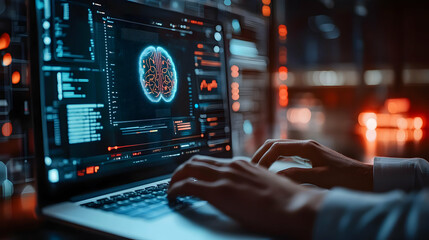 Cybersecurity Expert Working on Laptop with Brain Interface