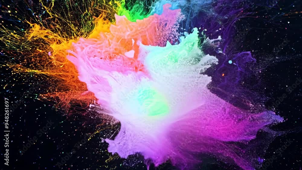 Poster a burst of vibrant rainbow colors exploding in dark space creating a stunning visual display