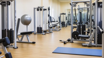 Obraz premium A bright white room features various gym equipment like a fitness machine, exercise ball, and yoga mat laid out, providing an ideal space for indoor workouts and exercise routines