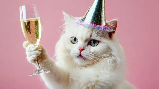 A white Persian cat wearing a festive party hat, holding a champagne glass, against a pink background.