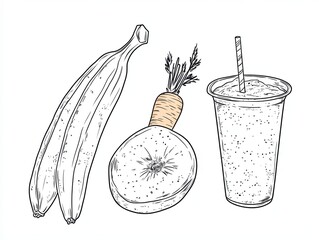 Hand drawn illustration of a banana, an apple, a carrot and a smoothie in a plastic cup with a straw.