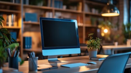 A minimalistic workspace featuring a blank computer screen on a desk.