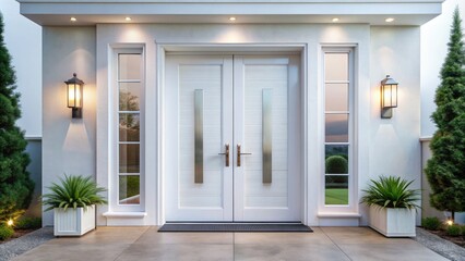 Fototapeta premium Elegant modern white double entry doors with sidelights, sleek metal hardware, and frosted glass panels, set against a clean white exterior wall backdrop.