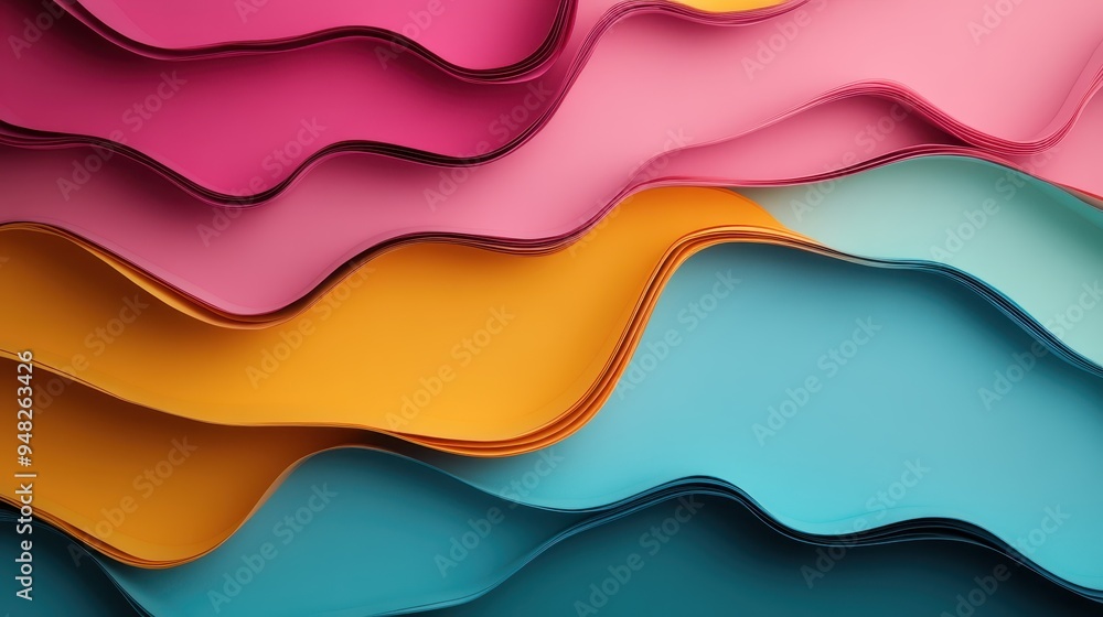 Poster layers of colorful paper in wavy forms creating a beautiful and captivating abstract visual, blendin