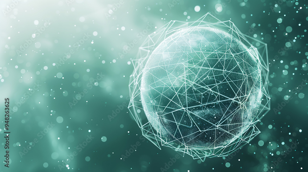 Aufkleber a digital sphere encased in a geometric network mesh, floating in a teal, bokeh-filled background
