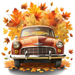 Retro car in autumn illustration on transparent background