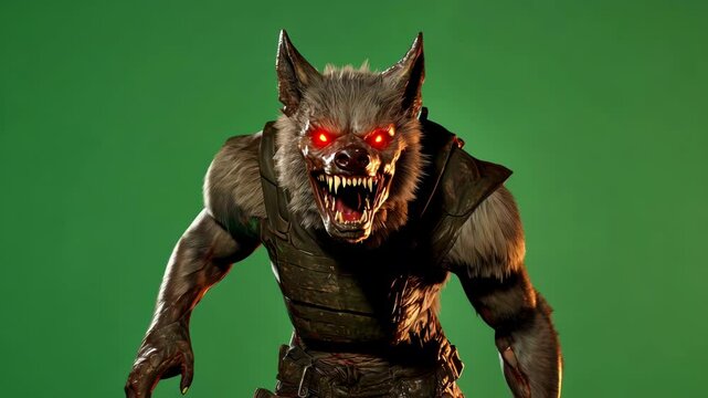 The Dog-Man creature on a green chroma key background. A ghoul against a chroma key backdrop. A werewolf in front of a chromakey screen. Perfect for visual effects and post-production editing.