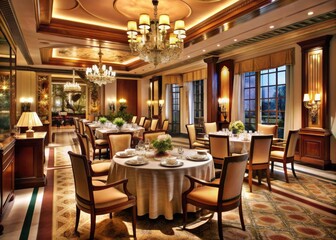 Fototapeta premium Elegant ambiance of upscale dining room with impeccable service, gourmet culinary delights, and refined decor, epitomizing luxury travel's finest epicurean experiences.