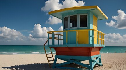 Fototapeta premium Vibrant sunny view of lifeguard tower painted pastel.generative.ai