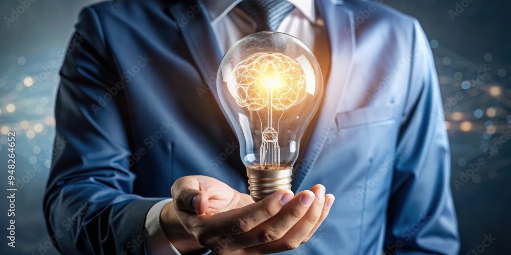 Poster stock photo depicting a person holding a light bulb with glowing brain symbol, symbolizing the idea 