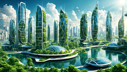 City of the future. Nature is harmoniously combined with technological buildings and ecological sources of energy.