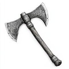 A sketch of a battle axe with a wooden handle, Viking weapon, charcoal drawing style, isolated on white background