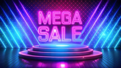 Electro scene mega sale, danger podium banner, neon night pedestal.