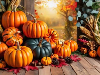 Thanksgiving Background with Pumpkins and Autumn Elements