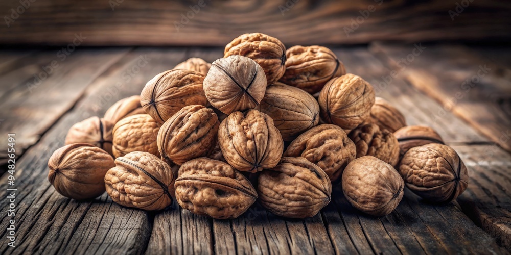 Poster a rustic still life of a handful of walnuts on a wooden background