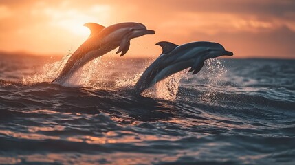 Fototapeta premium Playful Dolphins Leaping Through Sunset Waves