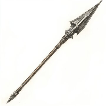 A sketched depiction of a spear with a pointed tip, ancient weaponry, rough pencil lines, isolated on white background