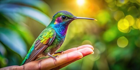 Fototapeta premium Vibrant hummingbird with iridescent feathers perches delicately on outstretched finger, surrounded by lush green foliage, soft focus background, and warm natural light.