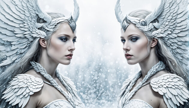 Valkyries. Scandinavian mythology. White winter. 