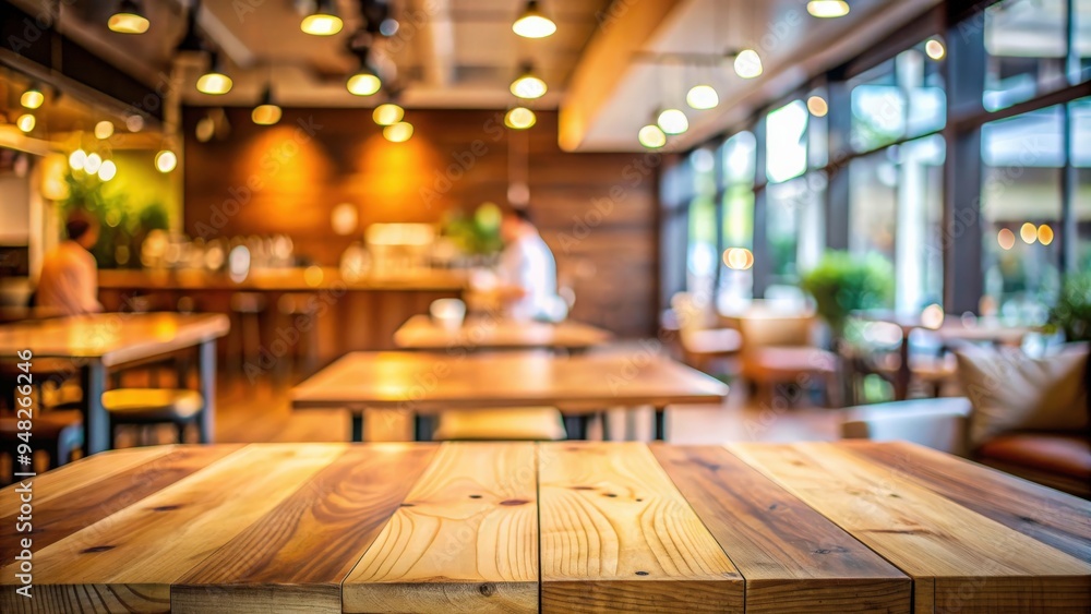 Poster Abstract blurred wooden board empty table background in a cafe setting