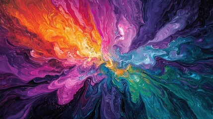 An abstract artwork showcases swirling colors in a cosmic-like explosion, blending vivid shades of orange, pink, blue, and green against a deep black backdrop