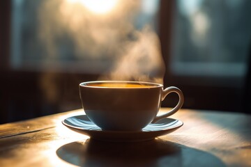 Obraz premium A steaming cup of coffee sits in the morning sunlight on a table, evoking a cozy and inviting atmosphere.
