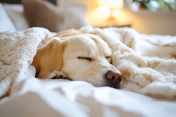 Obraz premium A dog peacefully sleeps under blankets in a cozy, dimly lit bed, capturing a perfect serene morning moment.