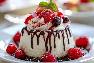 Exquisite dessert with berries and a chocolate drizzle, adorned with whipped cream and garnished with a fresh mint leaf.