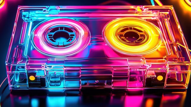 A vibrant retro cassette tape glows with neon blue and orange lights, highlighting its clear casing against a dark background, evoking a feeling of nostalgia in a contemporary context