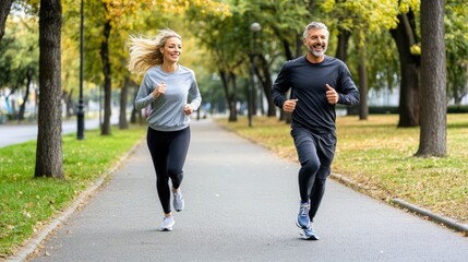 Fototapeta premium A cheerful couple enjoys jogging side by side in a park, embracing the summer sunshine and fresh air as their hair flows in the breeze during their active lifestyle